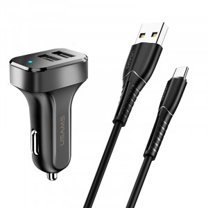 Автомобильное зарядное устройство Usams C13 2.1A Dual USB + U35 Type-C cable (1m) Черный