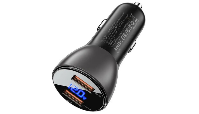 Автомобильное зарядное устройство Acefast B7 metal car charger 45W (USB-A + USB-A) with digital display Transparent black - фото