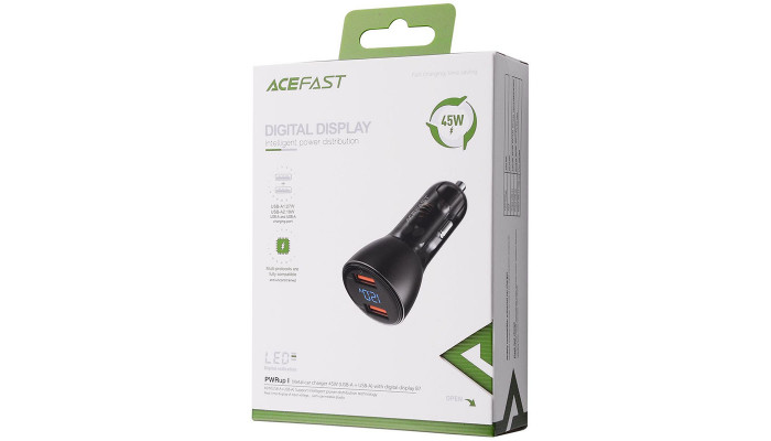 Автомобільний зарядний пристрій Acefast B7 metal car charger 45W (USB-A + USB-A) with digital display Transparent black - фото