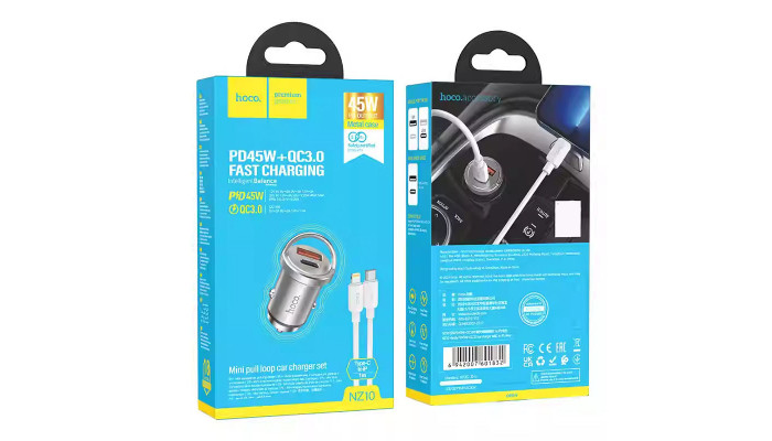 Автомобільний зарядний пристрій Hoco NZ10 Handy PD45W+QC3.0 + Type-C to Lightning Silver - фото