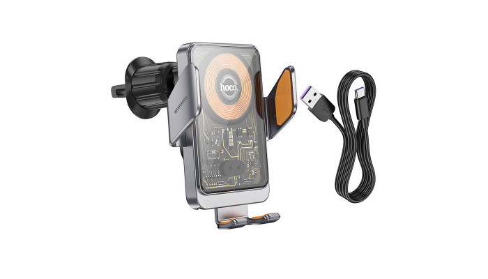 Автодержатель с Беспроводное зарядное устройство Hoco HW7 Transparent Discovery Edition (air outlet) Metal gray - фото