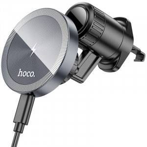 Автодержатель с Беспроводное зарядное устройство Hoco HW6 Vision metal magnetic (air outlet) Black / Metal gray