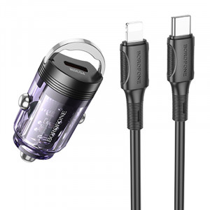 Автомобільний зарядний пристрій Borofone BZ29 Ray PD30W (1C) + Type-C to Lightning Transparent purple