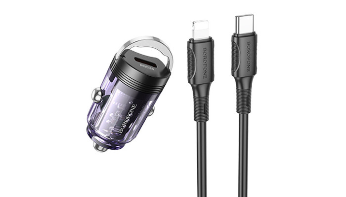 Автомобильное зарядное устройство Borofone BZ29 Ray PD30W (1C) + Type-C to Lightning Transparent purple - фото