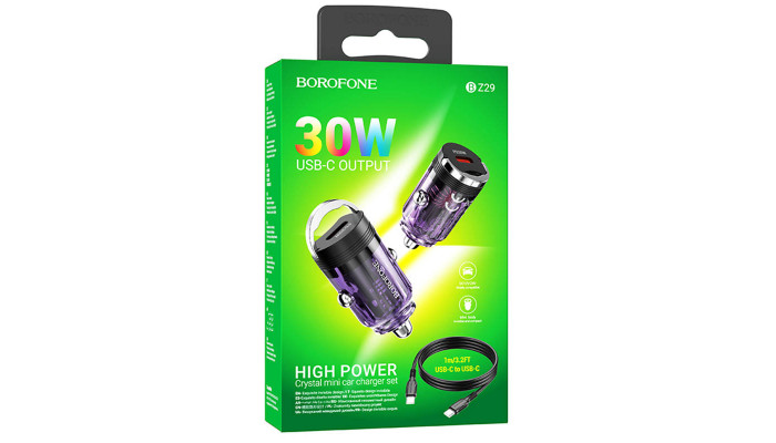 Автомобильное зарядное устройство Borofone BZ29 Ray PD30W (1C) + Type-C to Type-C Transparent purple - фото