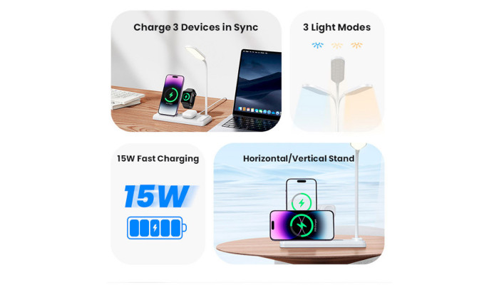 БЗП Usams US-CD195 15W 4in1 Wireless Charging Holder With Table Lamp White - фото