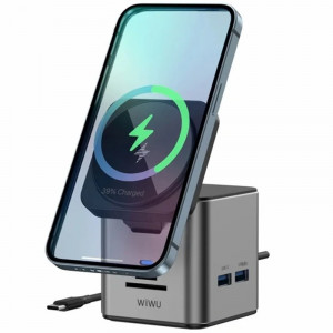 Беспроводное зарядное устройство + HUB WIWU Wi-W025 Cub 9in1 USB-C Gray