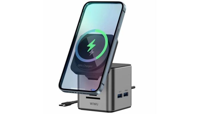 Беспроводное зарядное устройство + HUB WIWU Wi-W025 Cub 9in1 USB-C Gray - фото