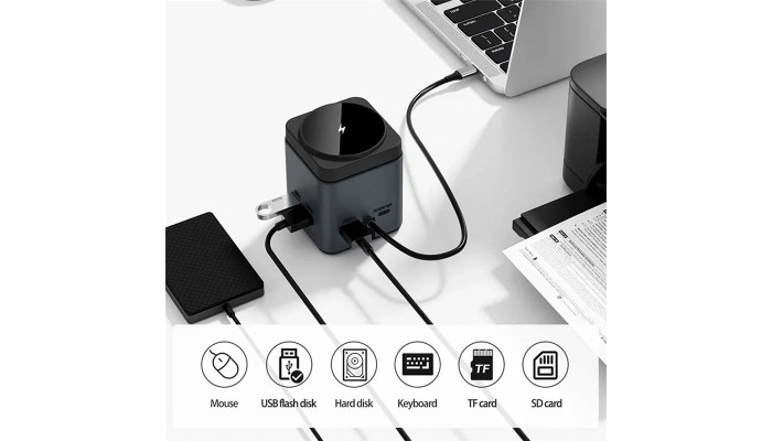 Беспроводное зарядное устройство + HUB WIWU Wi-W025 Cub 9in1 USB-C Gray - фото