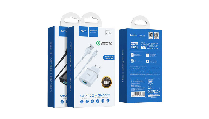 Сетевое зарядное устройство (зарядка) Hoco C12Q Smart QC3.0 (1USB/3A) + MicroUSB Белый - фото