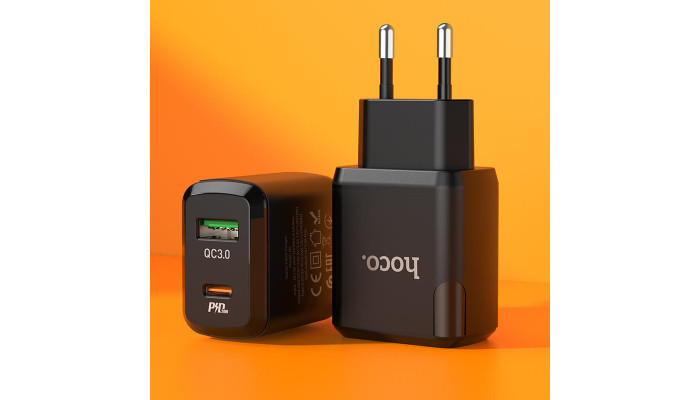 Сетевое зарядное устройство (зарядка) Hoco N5 Favor 20W PD+QC3.0 (1USB/1Type-C/3A) Черный - фото