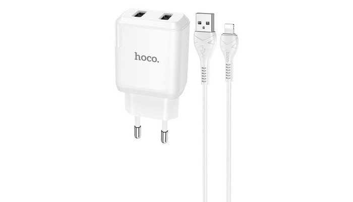 Мережевий зарядний пристрій (зарядка) HOCO N7 (2USB/2,1A) + USB - Lightning Білий - фото