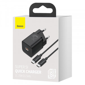 Сетевое зарядное устройство (зарядка) Baseus Super Si Quick Charger 1C 25W + Cable Type-C to Type-C 3A (1m) (TZCCSUP-L) Черный