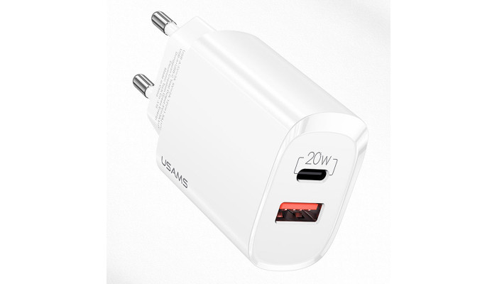 Мережевий зарядний пристрій (зарядка) Usams US-CC121 T35 QC3.0 + PD3.0 20W Білий - фото