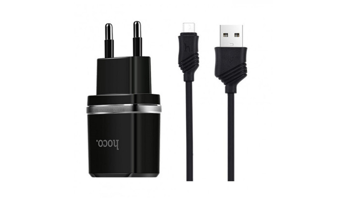 Сетевое зарядное устройство (зарядка) Hoco C12 Charger + Cable (Micro) 2.4A 2USB Черный - фото