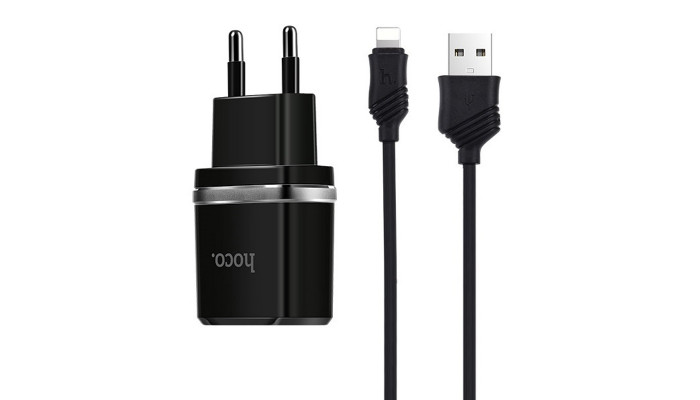 Сетевое зарядное устройство (зарядка) Hoco C12 Charger + Cable Lightning 2.4A 2USB Черный - фото