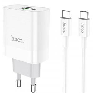 Сетевое зарядное устройство (зарядка) HOCO C80A Rapido PD20W+QC3.0 Type-C + USB + Type-C to Type-C cable Белый