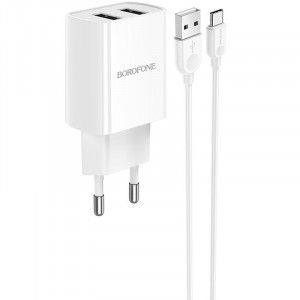 Сетевое зарядное устройство (зарядка) Borofone BA53A Powerway (2USB/2.1A) + Type-C Белый