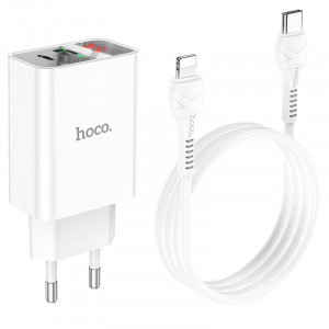 Мережевий зарядний пристрій (зарядка) HOCO C100A PD20W+QC3.0 + Type-C to Lightning White