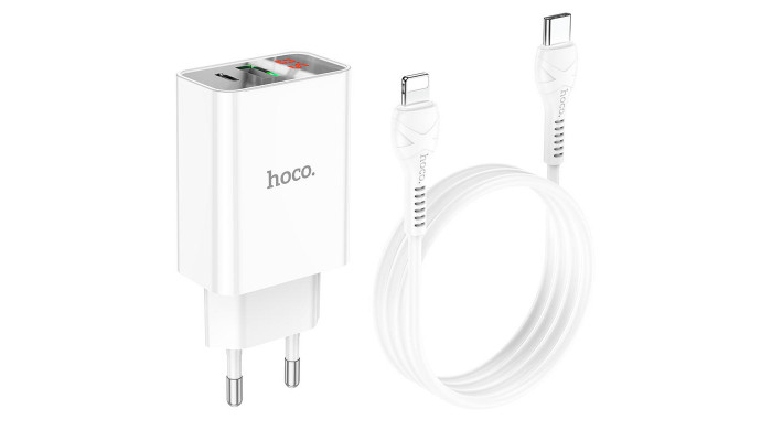 Мережевий зарядний пристрій (зарядка) HOCO C100A PD20W+QC3.0 + Type-C to Lightning White - фото