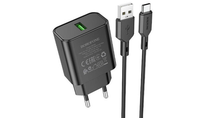 Мережевий зарядний пристрій (зарядка) Borofone BA72A Spring QC3.0 USB to Type-C Black - фото