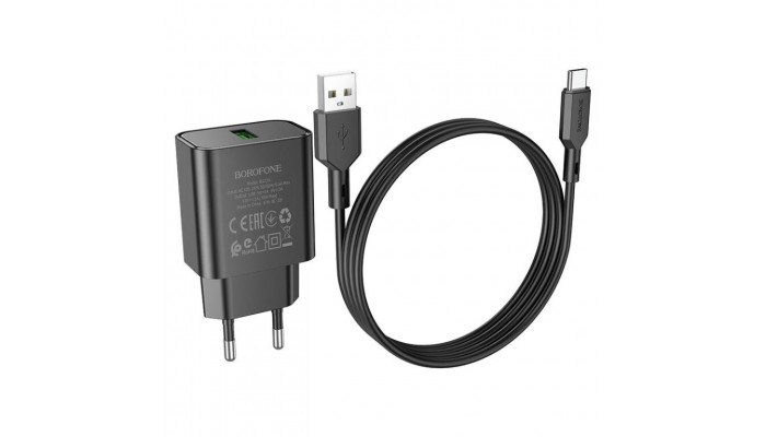 Мережевий зарядний пристрій (зарядка) Borofone BA72A Spring QC3.0 USB to Type-C Black - фото