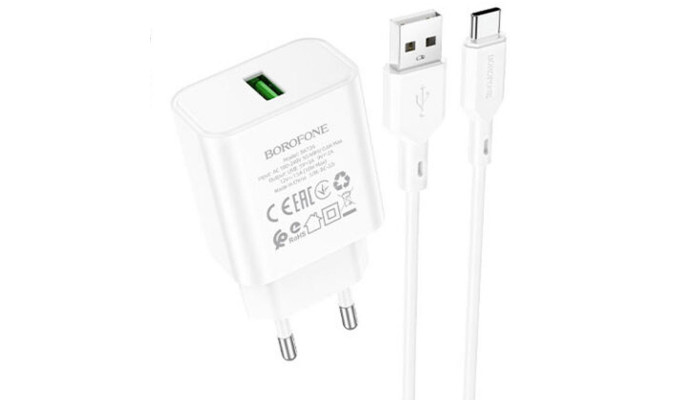 Мережевий зарядний пристрій (зарядка) Borofone BA72A Spring QC3.0 USB to Type-C White - фото