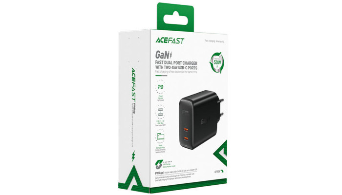 Сетевое зарядное устройство (зарядка) Acefast A29 PD50W GaN (USB-C+USB-C) dual port Black - фото