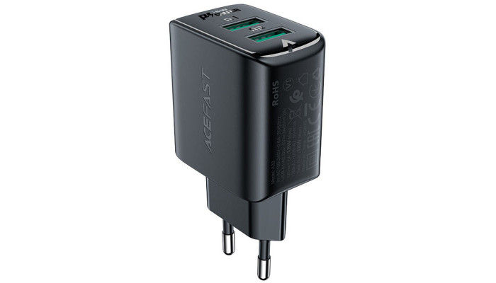 Мережевий зарядний пристрій (зарядка) Acefast A33 QC18W (USB-A+USB-A) dual port Black - фото