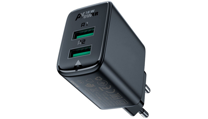 Мережевий зарядний пристрій (зарядка) Acefast A33 QC18W (USB-A+USB-A) dual port Black - фото