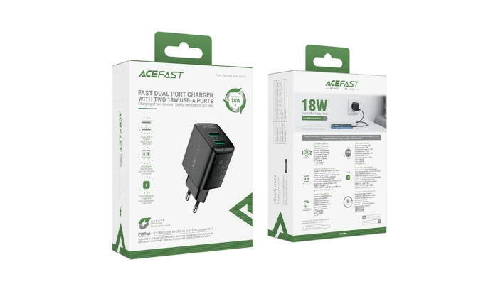 Мережевий зарядний пристрій (зарядка) Acefast A33 QC18W (USB-A+USB-A) dual port Black - фото