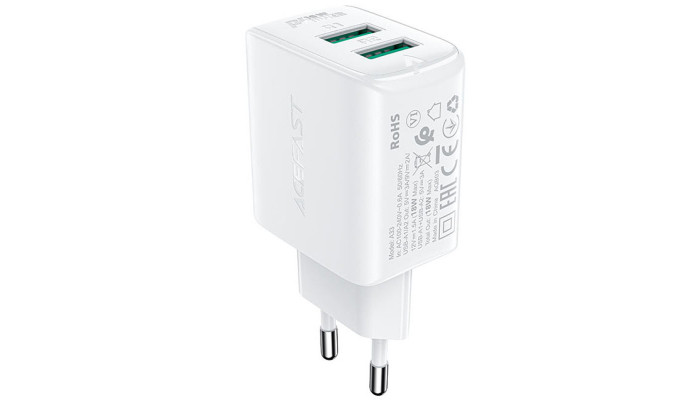 Мережевий зарядний пристрій (зарядка) Acefast A33 QC18W (USB-A+USB-A) dual port White - фото