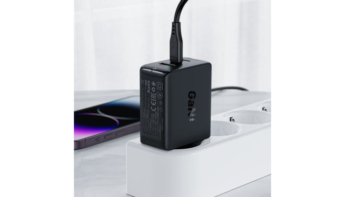 Мережевий зарядний пристрій (зарядка) Acefast A41 PD65W GaN (2*USB-C+USB-A) Black - фото