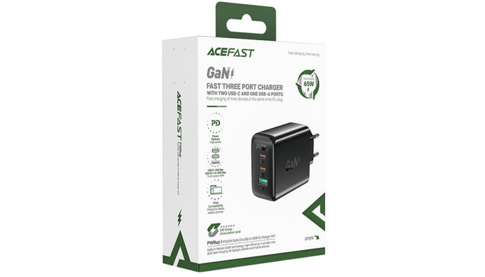 Мережевий зарядний пристрій (зарядка) Acefast A41 PD65W GaN (2*USB-C+USB-A) Black - фото