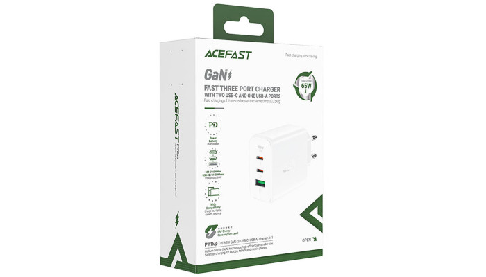 Сетевое зарядное устройство (зарядка) Acefast A41 PD65W GaN (2*USB-C+USB-A) White - фото