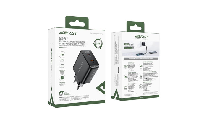 Мережевий зарядний пристрій (зарядка) Acefast A49 PD35W GaN (USB-C+USB-C) dual port Black - фото