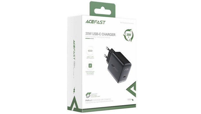 Сетевое зарядное устройство (зарядка) Acefast A1 PD20W single USB-C Black - фото