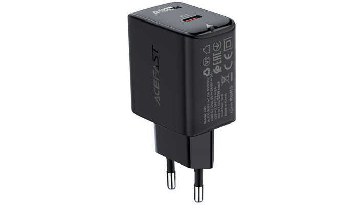 Мережевий зарядний пристрій (зарядка) Acefast A21 30W GaN single USB-C Black - фото
