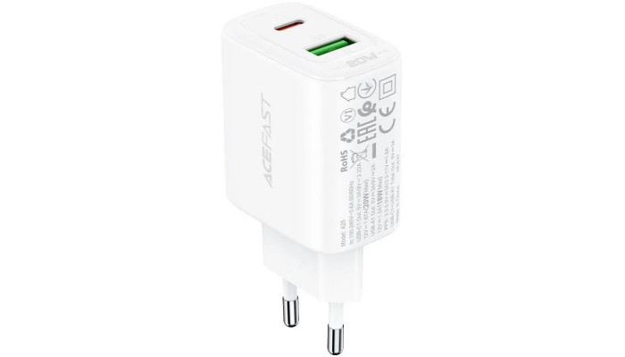 Сетевое зарядное устройство (зарядка) Acefast A25 PD20W (USB-C+USB-A) dual port White - фото