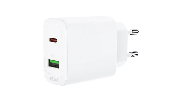 Мережевий зарядний пристрій (зарядка) Acefast A25 PD20W (USB-C+USB-A) dual port White - фото