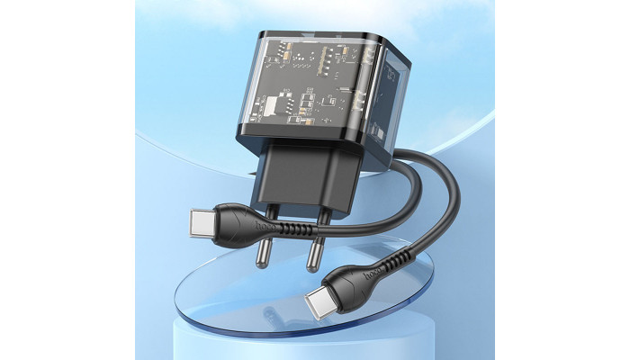 Мережевий зарядний пристрій (зарядка) Hoco N34 Dazzling PD20W+QC3.0 + Type-C to Type-C Transparent black - фото