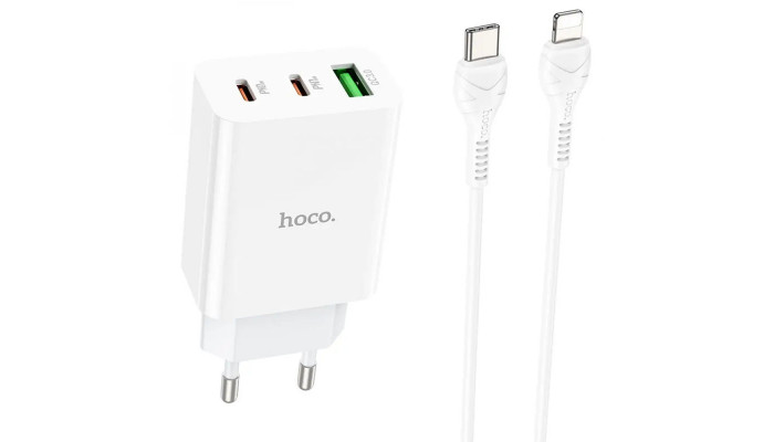 Сетевое зарядное устройство (зарядка) Hoco C99A PD20W+QC3.0 (1USB/2Type-C/3A) + Type-C to Lightning White - фото