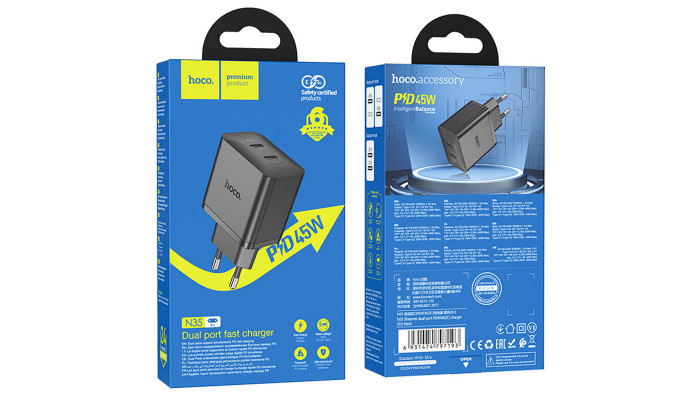 Мережевий зарядний пристрій (зарядка) Hoco N35 Streamer PD45W (2C) Black - фото