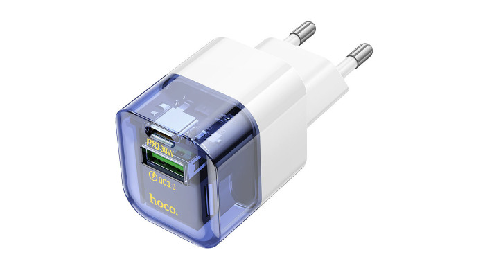 Мережевий зарядний пристрій (зарядка) Hoco C131A Platium PD30W+QC3.0 + Type-C to Lightning Transparent blue - фото