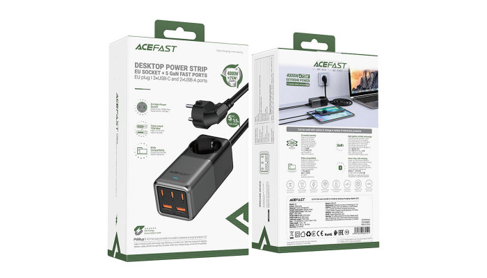 Мережевий зарядний пристрій (зарядка) Acefast Z2 PD75W GaN (3*USB-C+2*USB-A) Black gray - фото