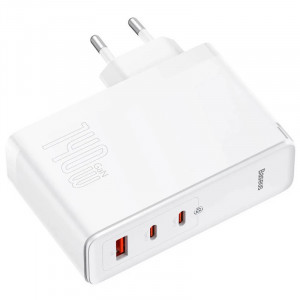 Сетевое зарядное устройство (зарядка) Baseus GaN5 Pro 2Type-C+USB 140W EU (with Type-C to Type-C 140W (1m)) (CCGP100201) White