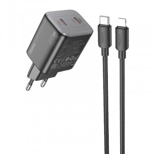 Сетевое зарядное устройство (зарядка) Hoco N42 Elogiado 2C PD45W + Type to Lightning Black