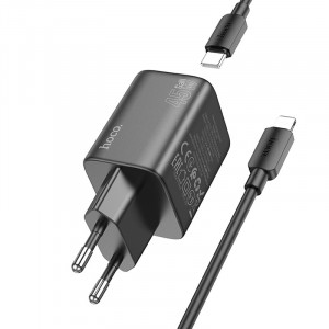 Сетевое зарядное устройство (зарядка) Hoco N42 Elogiado 2C PD45W + Type to Lightning Black