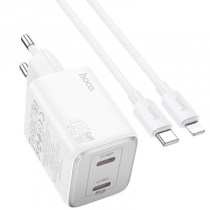 Сетевое зарядное устройство (зарядка) Hoco N42 Elogiado 2C PD45W + Type to Lightning White