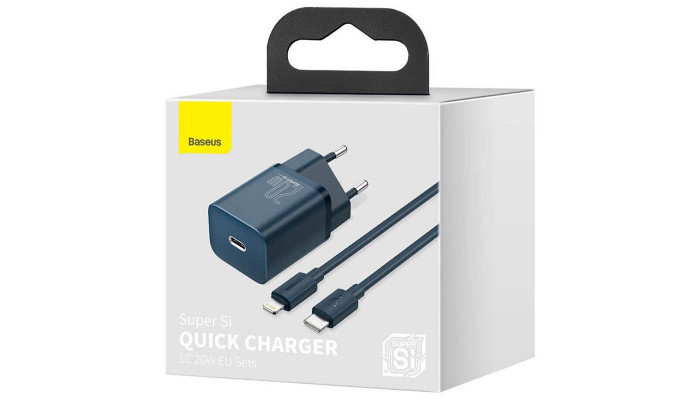 Мережевий зарядний пристрій (зарядка) Baseus Super Si Quick Charger 1C 20W + кабель Type-C to Lightning (TZCCSUP-B) Синій - фото